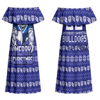 Personalized Canterbury Bulldogs Christmas Couples Matching Off Shoulder Maxi Dress and Hawaiian Shirt Australian Rugby Fans - Pixelated Ugly Xmas Pattern Mascot Santa