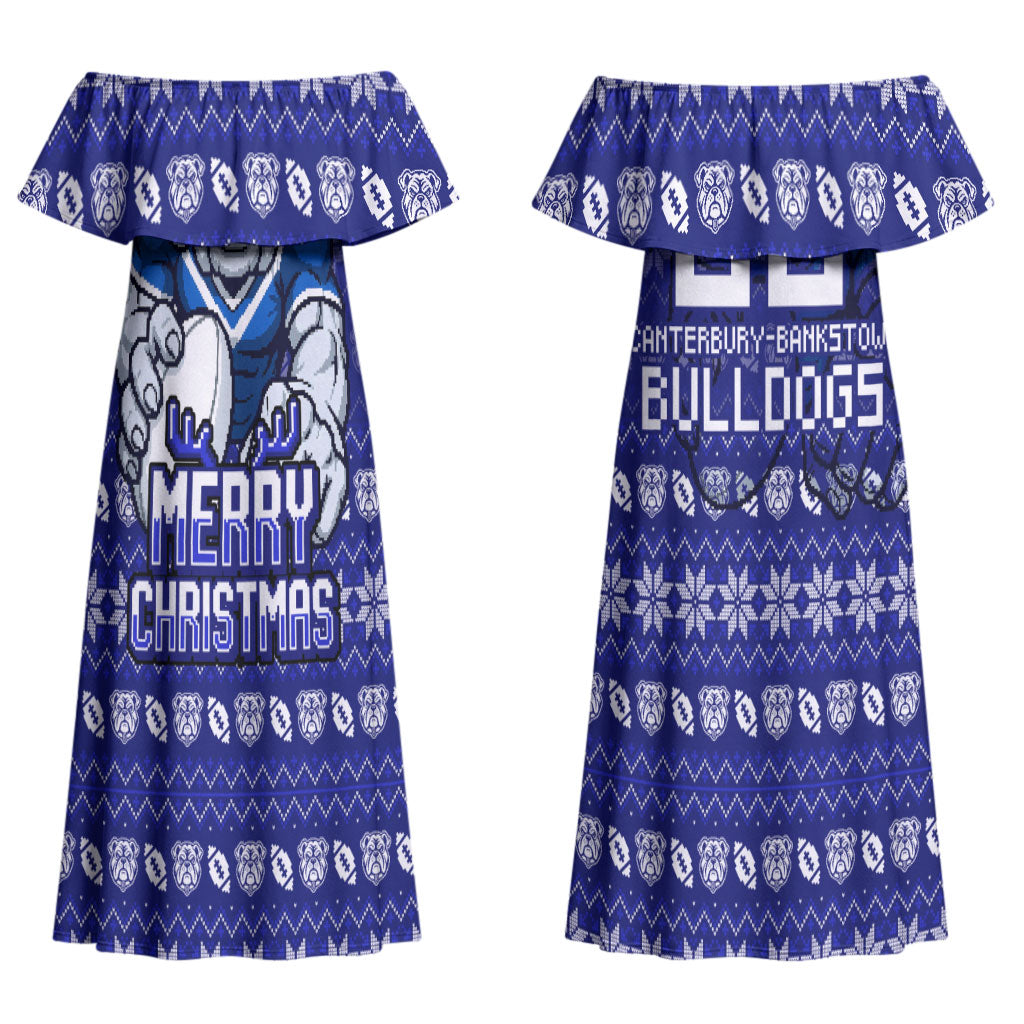Personalized Canterbury Bulldogs Christmas Couples Matching Off Shoulder Maxi Dress and Hawaiian Shirt Australian Rugby Fans - Pixelated Ugly Xmas Pattern Mascot Santa