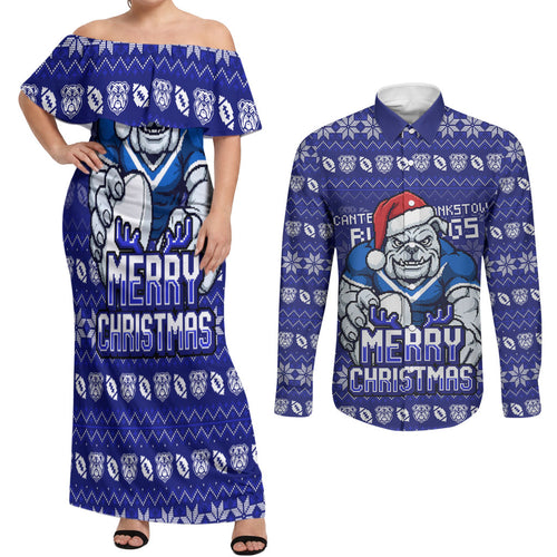 Personalized Canterbury Bulldogs Christmas Couples Matching Off Shoulder Maxi Dress and Long Sleeve Button Shirt Australian Rugby Fans - Pixelated Ugly Xmas Pattern Mascot Santa