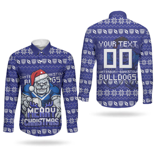 Personalized Canterbury Bulldogs Christmas Couples Matching Off Shoulder Maxi Dress and Long Sleeve Button Shirt Australian Rugby Fans - Pixelated Ugly Xmas Pattern Mascot Santa