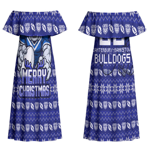 Personalized Canterbury Bulldogs Christmas Couples Matching Off Shoulder Maxi Dress and Long Sleeve Button Shirt Australian Rugby Fans - Pixelated Ugly Xmas Pattern Mascot Santa