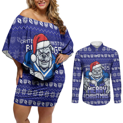 Personalized Canterbury Bulldogs Christmas Couples Matching Off Shoulder Short Dress and Long Sleeve Button Shirt Australian Rugby Fans - Pixelated Ugly Xmas Pattern Mascot Santa
