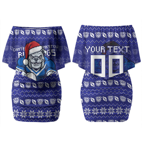 Personalized Canterbury Bulldogs Christmas Couples Matching Off Shoulder Short Dress and Long Sleeve Button Shirt Australian Rugby Fans - Pixelated Ugly Xmas Pattern Mascot Santa