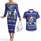 Personalized Canterbury Bulldogs Christmas Couples Matching Off The Shoulder Long Sleeve Dress and Hawaiian Shirt Australian Rugby Fans - Pixelated Ugly Xmas Pattern Mascot Santa