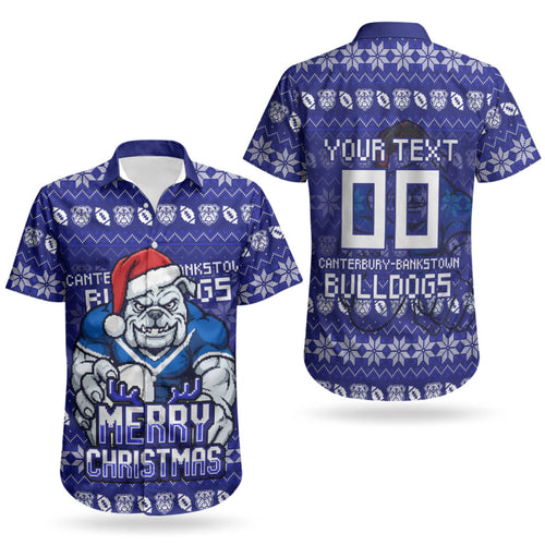 Personalized Canterbury Bulldogs Christmas Couples Matching Off The Shoulder Long Sleeve Dress and Hawaiian Shirt Australian Rugby Fans - Pixelated Ugly Xmas Pattern Mascot Santa