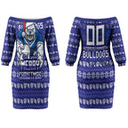 Personalized Canterbury Bulldogs Christmas Couples Matching Off The Shoulder Long Sleeve Dress and Hawaiian Shirt Australian Rugby Fans - Pixelated Ugly Xmas Pattern Mascot Santa