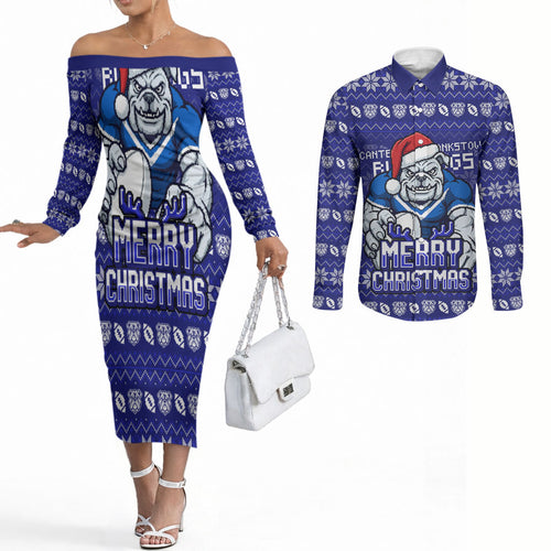 Personalized Canterbury Bulldogs Christmas Couples Matching Off The Shoulder Long Sleeve Dress and Long Sleeve Button Shirt Australian Rugby Fans - Pixelated Ugly Xmas Pattern Mascot Santa