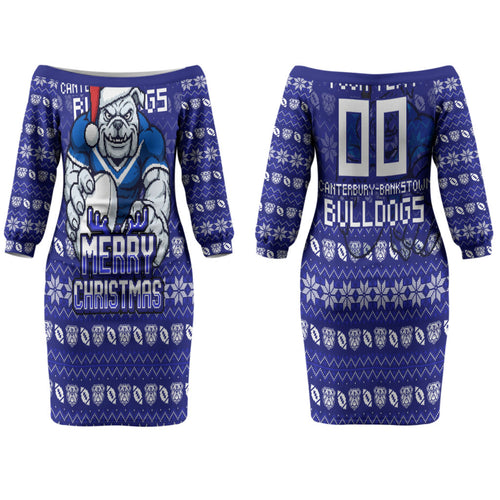 Personalized Canterbury Bulldogs Christmas Couples Matching Off The Shoulder Long Sleeve Dress and Long Sleeve Button Shirt Australian Rugby Fans - Pixelated Ugly Xmas Pattern Mascot Santa