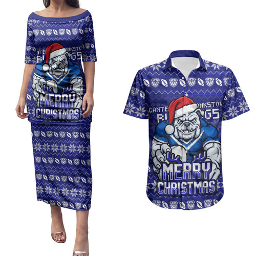 Personalized Canterbury Bulldogs Christmas Couples Matching Puletasi and Hawaiian Shirt Australian Rugby Fans - Pixelated Ugly Xmas Pattern Mascot Santa