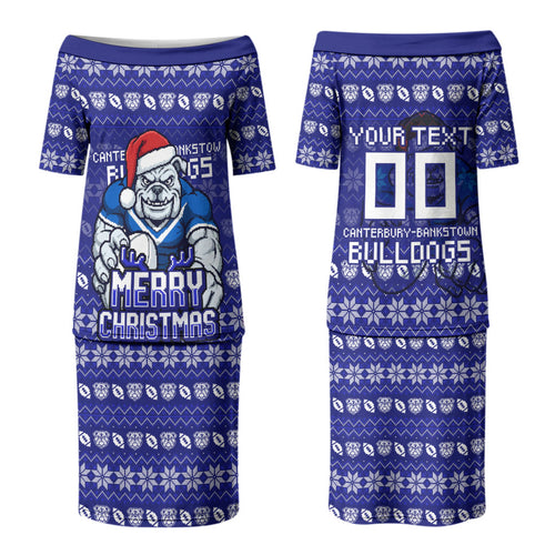 Personalized Canterbury Bulldogs Christmas Couples Matching Puletasi and Hawaiian Shirt Australian Rugby Fans - Pixelated Ugly Xmas Pattern Mascot Santa