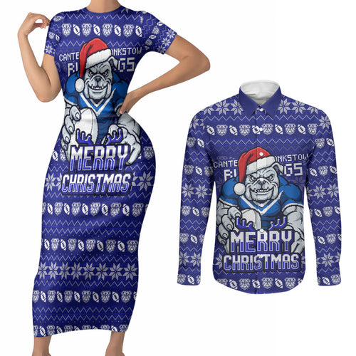 Personalized Canterbury Bulldogs Christmas Couples Matching Short Sleeve Bodycon Dress and Long Sleeve Button Shirt Australian Rugby Fans - Pixelated Ugly Xmas Pattern Mascot Santa