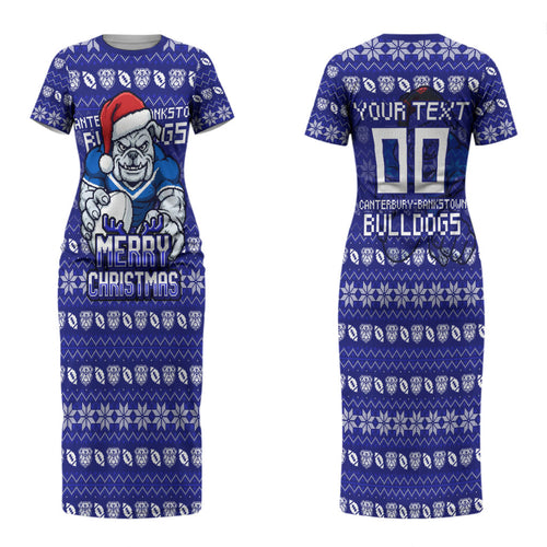 Personalized Canterbury Bulldogs Christmas Couples Matching Short Sleeve Bodycon Dress and Long Sleeve Button Shirt Australian Rugby Fans - Pixelated Ugly Xmas Pattern Mascot Santa