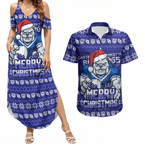 Personalized Canterbury Bulldogs Christmas Couples Matching Summer Maxi Dress and Hawaiian Shirt Australian Rugby Fans - Pixelated Ugly Xmas Pattern Mascot Santa