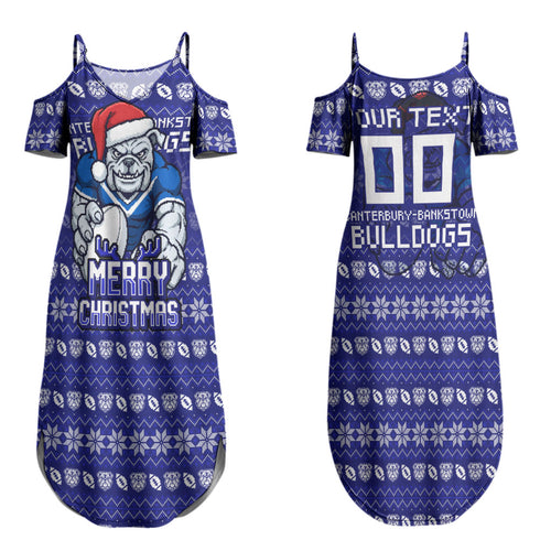 Personalized Canterbury Bulldogs Christmas Couples Matching Summer Maxi Dress and Hawaiian Shirt Australian Rugby Fans - Pixelated Ugly Xmas Pattern Mascot Santa