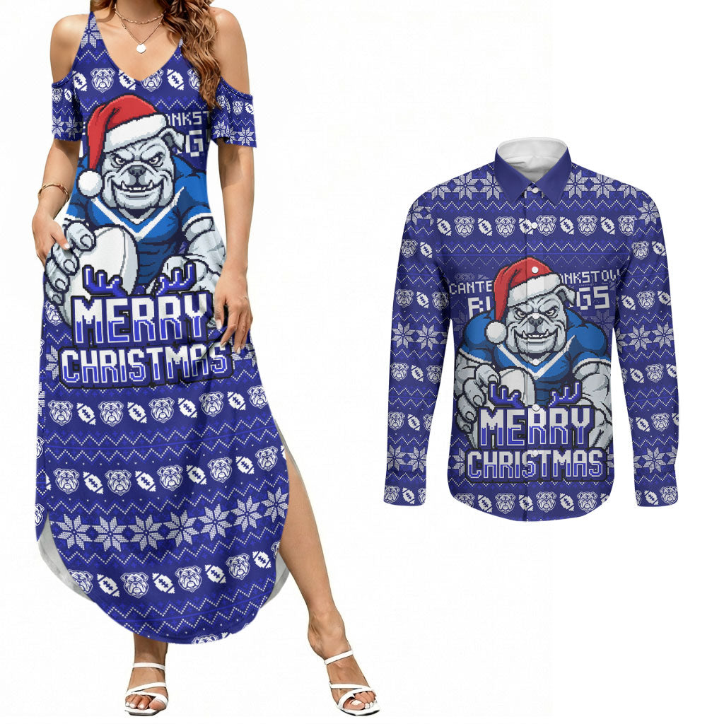 Personalized Canterbury Bulldogs Christmas Couples Matching Summer Maxi Dress and Long Sleeve Button Shirt Australian Rugby Fans - Pixelated Ugly Xmas Pattern Mascot Santa