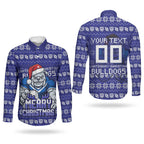 Personalized Canterbury Bulldogs Christmas Couples Matching Summer Maxi Dress and Long Sleeve Button Shirt Australian Rugby Fans - Pixelated Ugly Xmas Pattern Mascot Santa