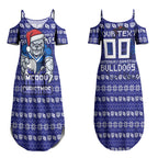 Personalized Canterbury Bulldogs Christmas Couples Matching Summer Maxi Dress and Long Sleeve Button Shirt Australian Rugby Fans - Pixelated Ugly Xmas Pattern Mascot Santa