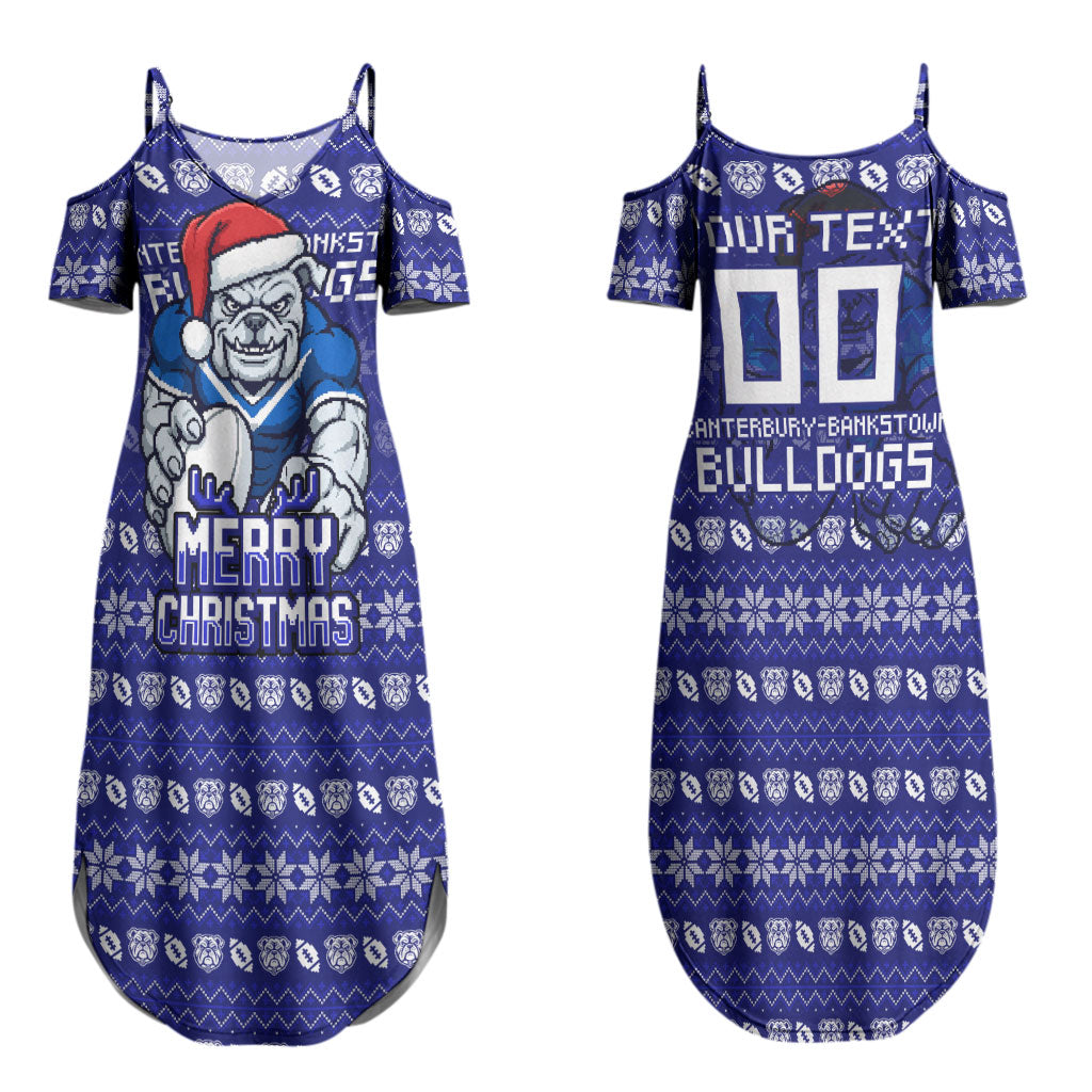 Personalized Canterbury Bulldogs Christmas Couples Matching Summer Maxi Dress and Long Sleeve Button Shirt Australian Rugby Fans - Pixelated Ugly Xmas Pattern Mascot Santa