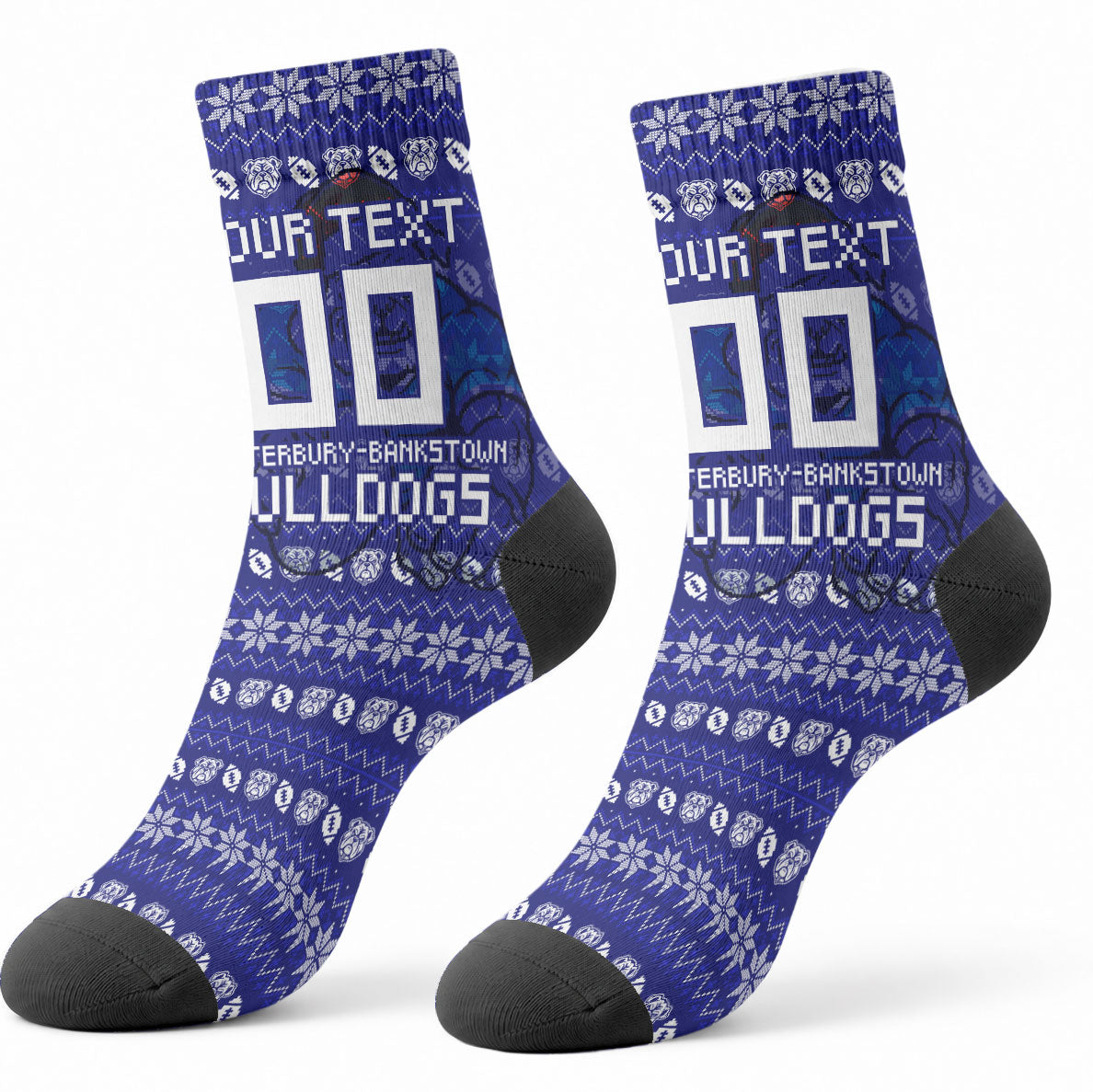 Personalized Canterbury Bulldogs Christmas Crew Socks Australian Rugby Fans - Pixelated Ugly Xmas Pattern Mascot Santa