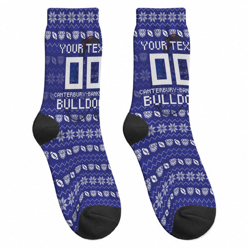 Personalized Canterbury Bulldogs Christmas Crew Socks Australian Rugby Fans - Pixelated Ugly Xmas Pattern Mascot Santa
