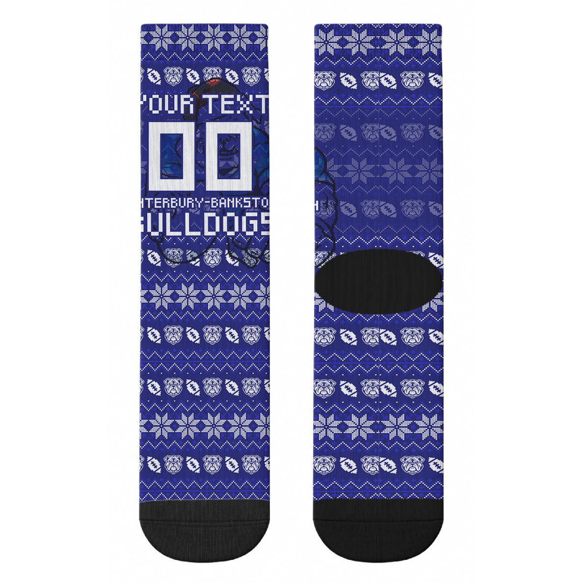 Personalized Canterbury Bulldogs Christmas Crew Socks Australian Rugby Fans - Pixelated Ugly Xmas Pattern Mascot Santa