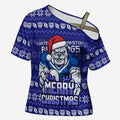 Personalized Canterbury Bulldogs Christmas Cross Shoulder Shirt Australian Rugby Fans - Pixelated Ugly Xmas Pattern Mascot Santa