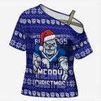 Personalized Canterbury Bulldogs Christmas Cross Shoulder Shirt Australian Rugby Fans - Pixelated Ugly Xmas Pattern Mascot Santa