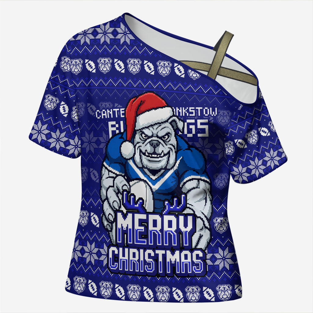 Personalized Canterbury Bulldogs Christmas Cross Shoulder Shirt Australian Rugby Fans - Pixelated Ugly Xmas Pattern Mascot Santa