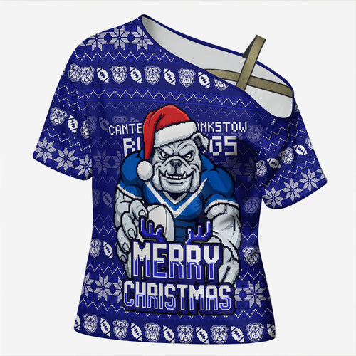 Personalized Canterbury Bulldogs Christmas Cross Shoulder Shirt Australian Rugby Fans - Pixelated Ugly Xmas Pattern Mascot Santa