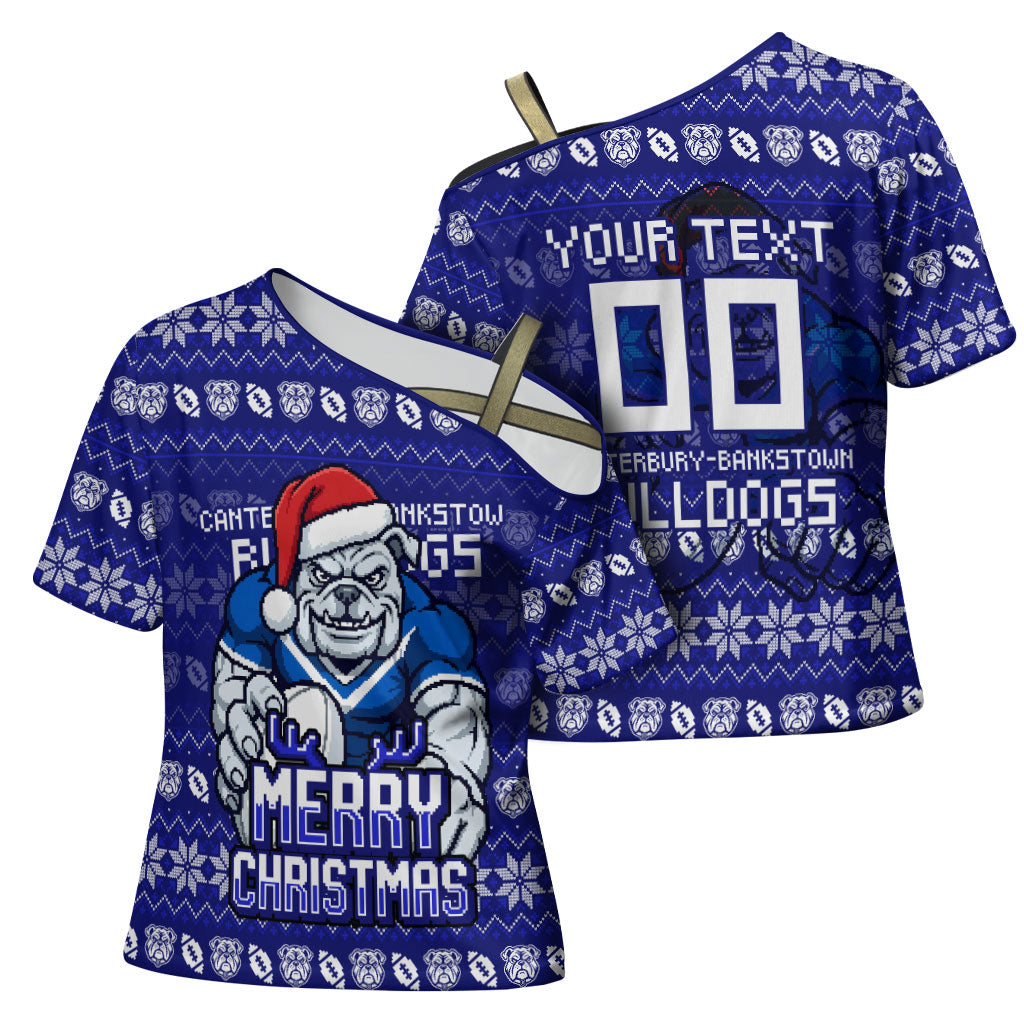 Personalized Canterbury Bulldogs Christmas Cross Shoulder Shirt Australian Rugby Fans - Pixelated Ugly Xmas Pattern Mascot Santa
