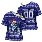 Personalized Canterbury Bulldogs Christmas Cross Shoulder Shirt Australian Rugby Fans - Pixelated Ugly Xmas Pattern Mascot Santa