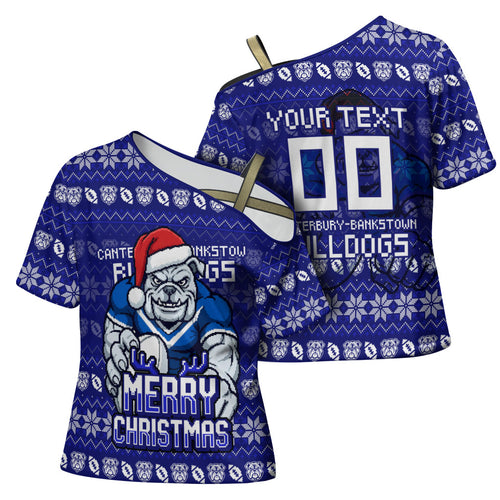 Personalized Canterbury Bulldogs Christmas Cross Shoulder Shirt Australian Rugby Fans - Pixelated Ugly Xmas Pattern Mascot Santa