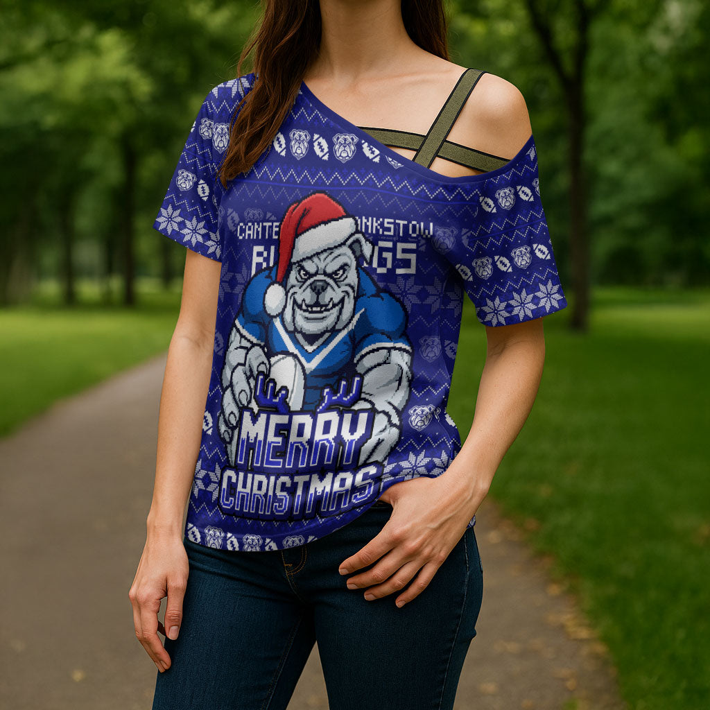 Personalized Canterbury Bulldogs Christmas Cross Shoulder Shirt Australian Rugby Fans - Pixelated Ugly Xmas Pattern Mascot Santa