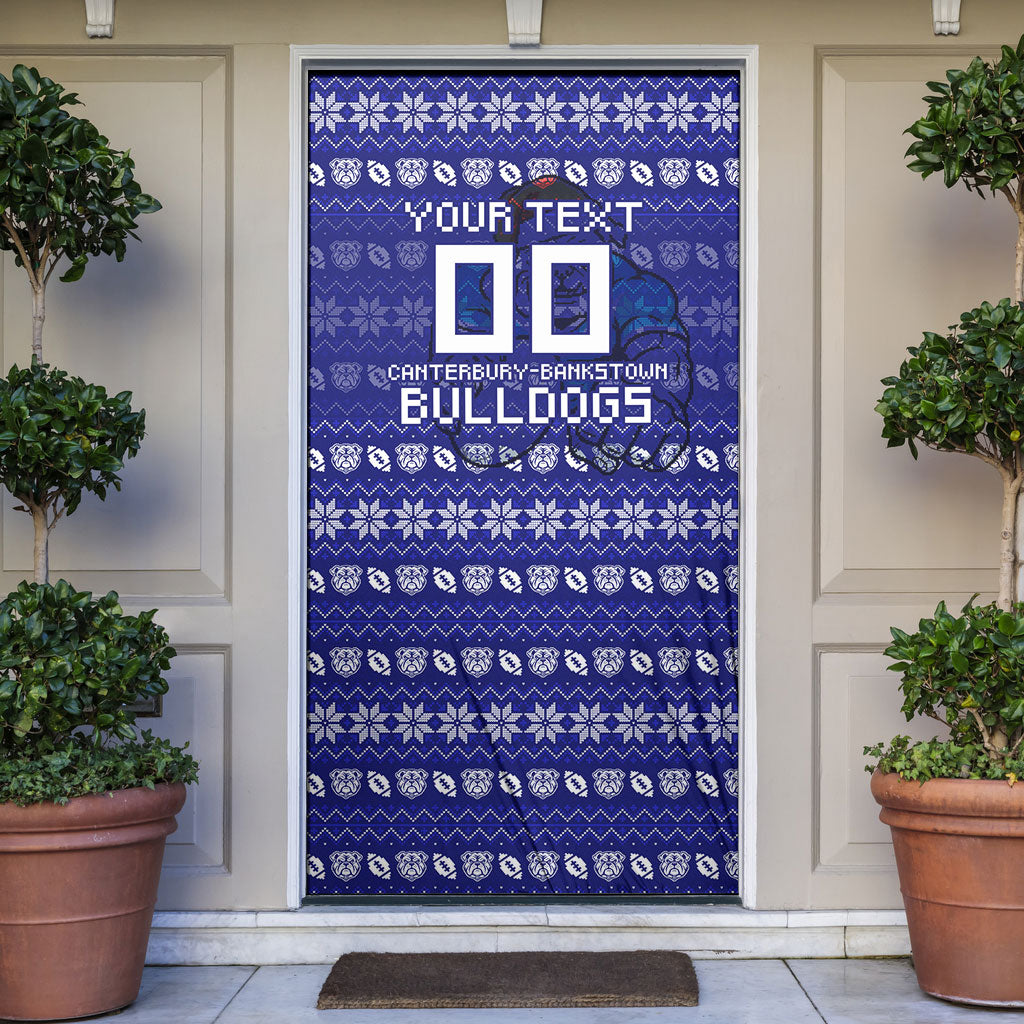 Personalized Canterbury Bulldogs Christmas Door Cover Australian Rugby Fans - Pixelated Ugly Xmas Pattern Mascot Santa