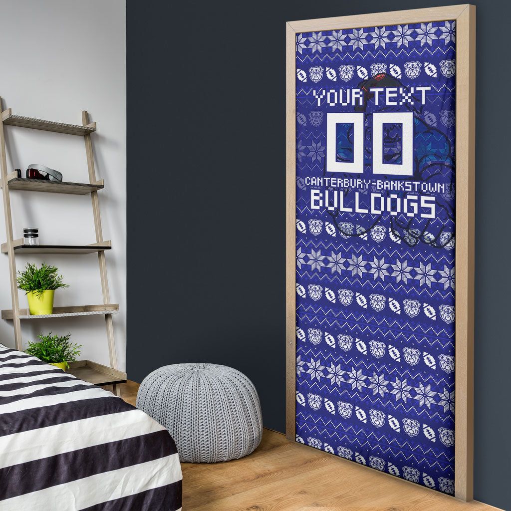 Personalized Canterbury Bulldogs Christmas Door Cover Australian Rugby Fans - Pixelated Ugly Xmas Pattern Mascot Santa