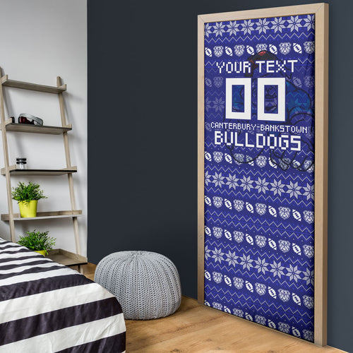 Personalized Canterbury Bulldogs Christmas Door Cover Australian Rugby Fans - Pixelated Ugly Xmas Pattern Mascot Santa