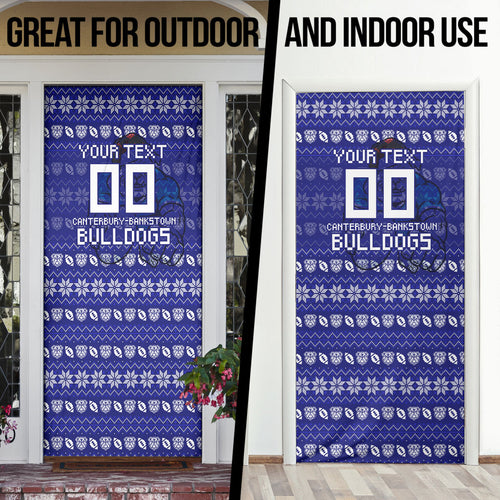 Personalized Canterbury Bulldogs Christmas Door Cover Australian Rugby Fans - Pixelated Ugly Xmas Pattern Mascot Santa