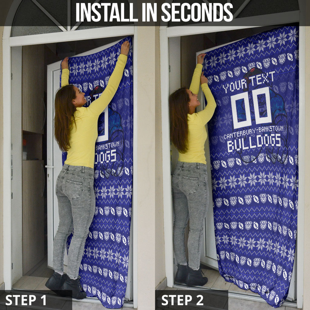 Personalized Canterbury Bulldogs Christmas Door Cover Australian Rugby Fans - Pixelated Ugly Xmas Pattern Mascot Santa
