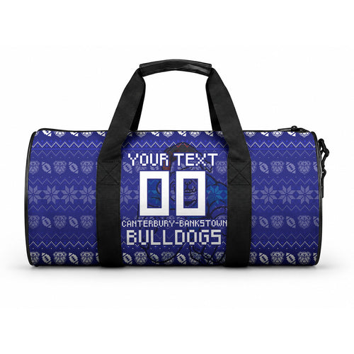 Personalized Canterbury Bulldogs Christmas Duffle Bag Australian Rugby Fans - Pixelated Ugly Xmas Pattern Mascot Santa
