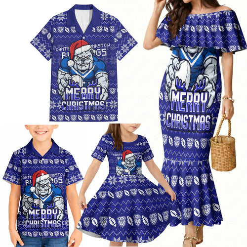 Personalized Canterbury Bulldogs Christmas Family Matching Mermaid Dress and Hawaiian Shirt Australian Rugby Fans - Pixelated Ugly Xmas Pattern Mascot Santa