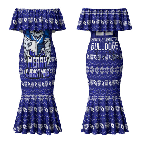 Personalized Canterbury Bulldogs Christmas Family Matching Mermaid Dress and Hawaiian Shirt Australian Rugby Fans - Pixelated Ugly Xmas Pattern Mascot Santa