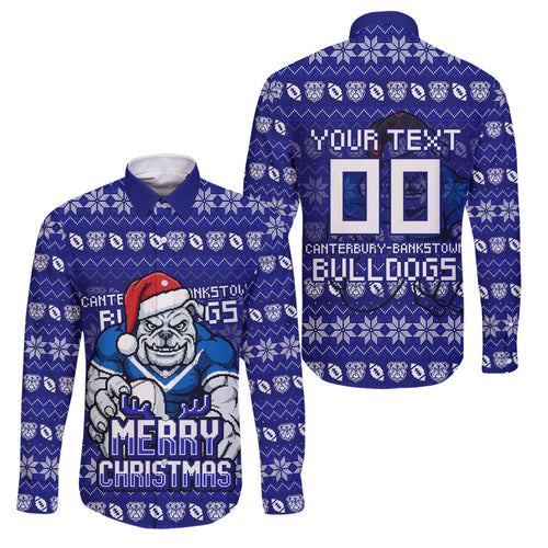 Personalized Canterbury Bulldogs Christmas Family Matching Mermaid Dress and Hawaiian Shirt Australian Rugby Fans - Pixelated Ugly Xmas Pattern Mascot Santa
