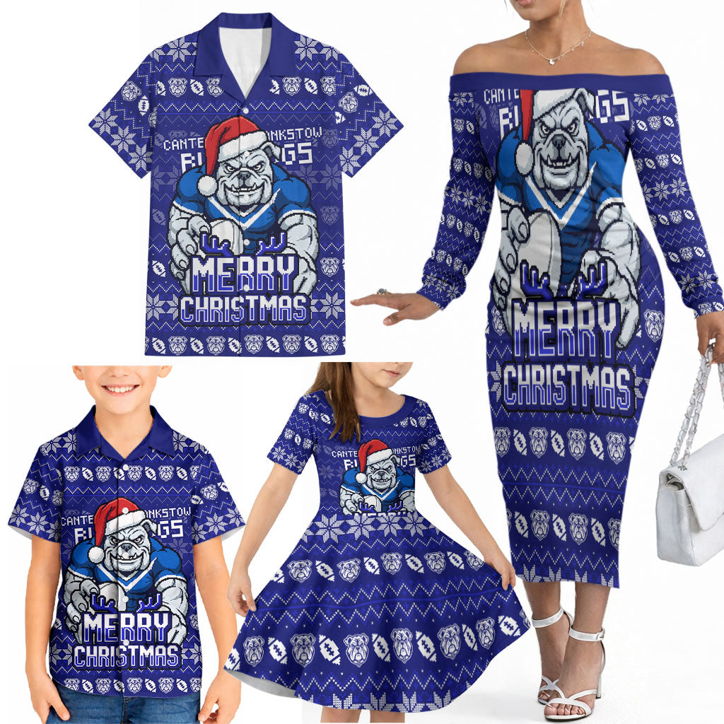 Personalized Canterbury Bulldogs Christmas Family Matching Off The Shoulder Long Sleeve Dress and Hawaiian Shirt Australian Rugby Fans - Pixelated Ugly Xmas Pattern Mascot Santa