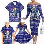 Personalized Canterbury Bulldogs Christmas Family Matching Off The Shoulder Long Sleeve Dress and Hawaiian Shirt Australian Rugby Fans - Pixelated Ugly Xmas Pattern Mascot Santa