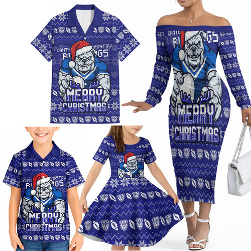 Personalized Canterbury Bulldogs Christmas Family Matching Off The Shoulder Long Sleeve Dress and Hawaiian Shirt Australian Rugby Fans - Pixelated Ugly Xmas Pattern Mascot Santa