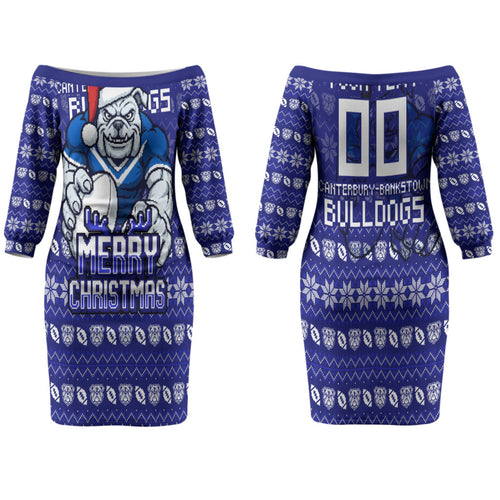 Personalized Canterbury Bulldogs Christmas Family Matching Off The Shoulder Long Sleeve Dress and Hawaiian Shirt Australian Rugby Fans - Pixelated Ugly Xmas Pattern Mascot Santa
