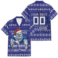 Personalized Canterbury Bulldogs Christmas Family Matching Off The Shoulder Long Sleeve Dress and Hawaiian Shirt Australian Rugby Fans - Pixelated Ugly Xmas Pattern Mascot Santa