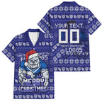 Personalized Canterbury Bulldogs Christmas Family Matching Off The Shoulder Long Sleeve Dress and Hawaiian Shirt Australian Rugby Fans - Pixelated Ugly Xmas Pattern Mascot Santa
