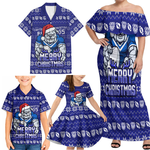 Personalized Canterbury Bulldogs Christmas Family Matching Off Shoulder Maxi Dress and Hawaiian Shirt Australian Rugby Fans - Pixelated Ugly Xmas Pattern Mascot Santa