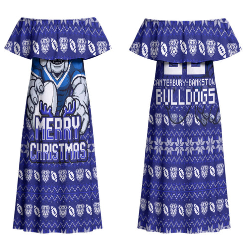 Personalized Canterbury Bulldogs Christmas Family Matching Off Shoulder Maxi Dress and Hawaiian Shirt Australian Rugby Fans - Pixelated Ugly Xmas Pattern Mascot Santa